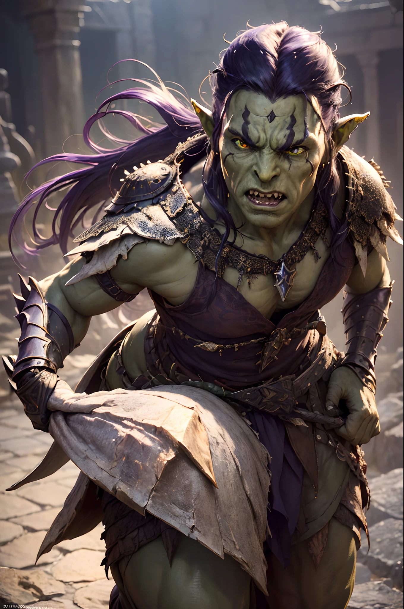 ((green skinned:1.3)), (((3/4 view))), ((beautiful)), ((half orc:1.1)), (((small tusks))), analog style, realistic, ((intricate details)), full torso shot, cold lighting, beautiful, (pale gothic evil princess), ((purple black hair)), (intricate), ((engraved skeletal onyx metal dress armor)), (cleavage), (broad shoulders), ((visible fangs)), (oiled skin), ((skull shaped pauldrons)), (intricate sharp tribal horned crown), (tribal necklace), tribal jewelry, muscular, dynamic pose, windblown hair, perfect face, (red orc eyes), (realistic eyes), round iris, perfect eyes, intricate, complex, Helios 44-2, ((dark gothic background)), swirly bokeh, trending on artstation, sharp focus, studio photo, intricate details, highly detailed, sharp, dnd character portrait, ((oil on canvas)), perfect lighting, Masterpiece, detailed background, portrait by artgerm and greg rutkowski, cinematic lighting, 8k,