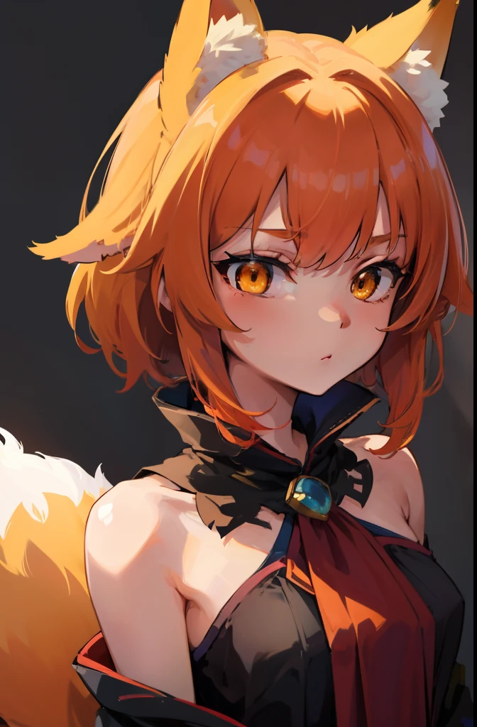 Volumetric Lighting, Best Shadows, Portrait Of Stunningly Beautiful Girl, Petite, Delicate Beautiful Attractive Face With Alluring Yellow Eyes, Small chest, small breasts, Short orange hair, , Thick , Slim Waist, Standing, (Highest Quality, Amazing Details:1.25), (Solo:1.3), Brilliant Colorful Paintings, anime character dressed in dress with a fox tail, kitsune, a beautiful fox lady, a beautiful kitsune woman, portrait, cowprint