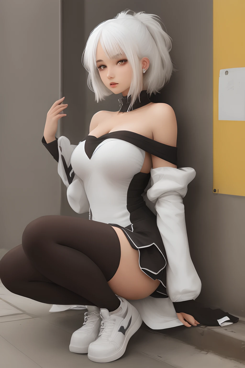 girl, hair over shoulder, white hair, yellow eyes, large breasts, bare_shoulders, black thighhighs, shoes ,