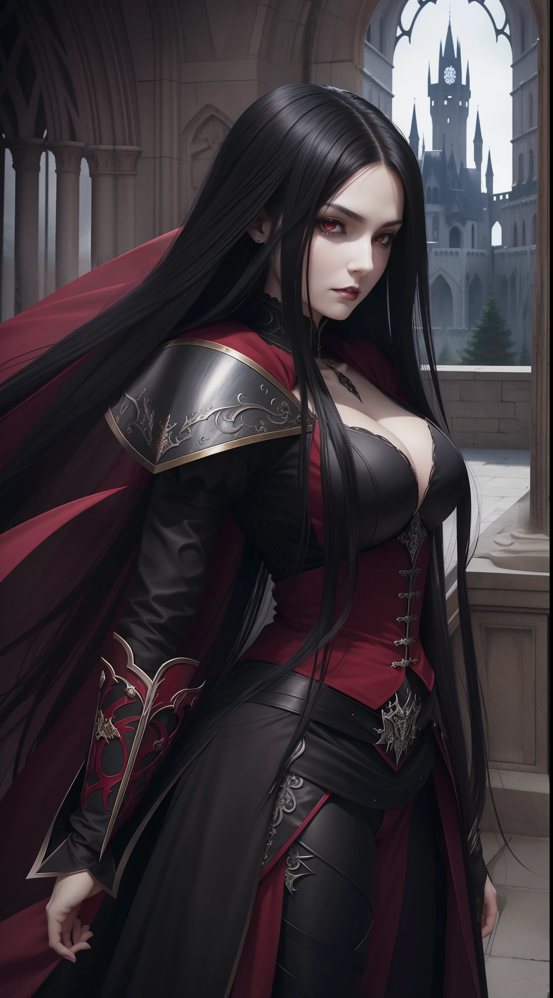 Beautiful ephemeral adult woman with long black hair and red eyes standing in front of castle, Bewitching white armor, Standard Body, Gothic Otome Anime Woman, beautiful vampire queen, dark fantasy style art, beautiful vampire female queen, 8 K, Vampire Queen, female vampire, female vampire warrior, beautiful alluring anime woman, dark fantasy style, anime fantasy artwork