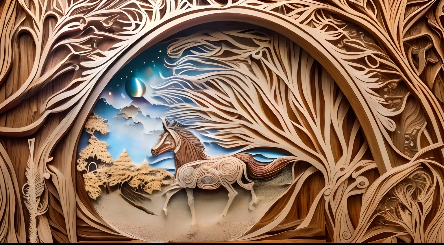 “A magnificent horse accompanied by an adorable baby horse and its mother figure, all perfectly rendered with (((impeccable anatomical precision))) . The sublime rendering is enhanced by the brilliance of the lighting that adds a glow flooding the scene with enchanting ambience ,[the sculpture] in (((relief carved wood ))) with intricate details and the masterful execution of the texture of the grain of the wood, is a captivating painting, our imagination is transported to ((( a mystical forest))) where the imposing trees rise majestically towards the skies, within this enchanted forest in the midst of natural wonders, we are captivated the view, each element of this sculpture in relief carved in wood. It has been meticulously carved with the utmost precision. The intricate craftsmanship is presented in a brilliant style that captivates, amazes the viewer's gaze and arouses deep emotions. This creation is so remarkable that it has garnered significant attention and has become a trend on the world's most prominent search engine. Seaart.ai" Alto detalle:1.2)