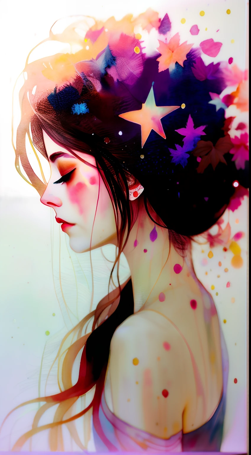 Agnes Cecile's woman,Luminous design,pastelcolor,Ink drops,Autumn lights,sad expressions,Patterned,Pure,(Brown hair,long whitr hair:1.2),Eau,liquids,clouds,Colorful,Starry,