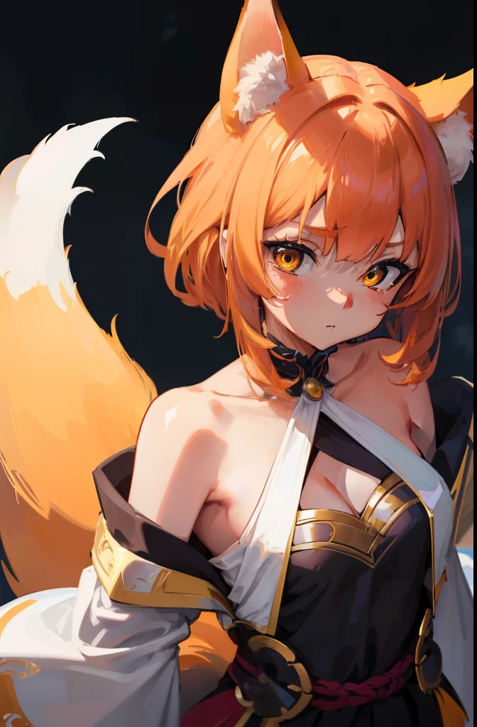 Volumetric Lighting, Best Shadows, Portrait Of Stunningly Beautiful Girl, Petite, Delicate Beautiful Attractive Face With Alluring Yellow Eyes, Small chest, small breasts, Short orange hair, , Thick , Slim Waist, Standing, (Highest Quality, Amazing Details:1.25), (Solo:1.3), Brilliant Colorful Paintings, anime character dressed in dress with a fox tail, kitsune, a beautiful fox lady, a beautiful kitsune woman, portrait, cowprint