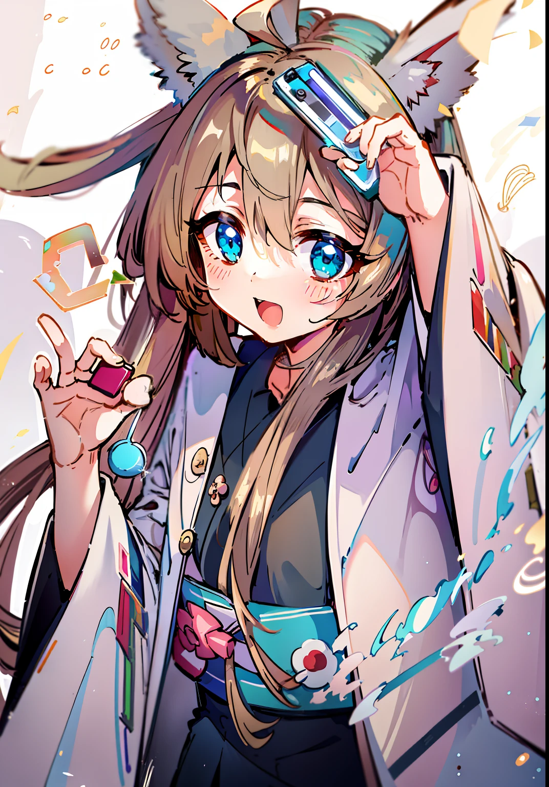 Anime girl with long hair and rabbit ears holding mobile phone, style of anime4 K, flowing hair and long robes, Anime girl with long hair, (Anime girl), anime moe art style, up of young anime girl, Cute anime girl, female anime character, 4k manga wallpapers, Anime girl, pretty anime girl, An anime girl, with index finger