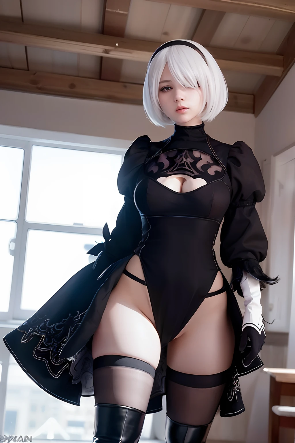 (8K, RAW photo, best quality, masterpiece:1.2), (realistic, photo-realistic:1.37), ultra-detailed, ultra high res, masterpiece, best quality, 1girl,cowboy shot, street, yorha2b,detailed background, 2bcosplay,2b,black dress,standing, from front,large breasts,tall girl, eyeshade