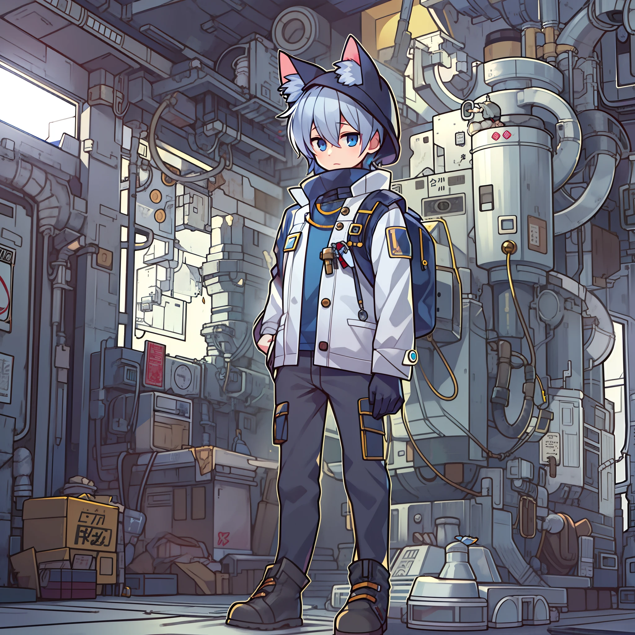 Game CG，8K quality，((younge boy))，Sense of childhood，Anime male protagonist，Cat ears，Silvery-white dye，Blue dye，Cargo coat，Uniform trousers，Heavy machine boots，engineer