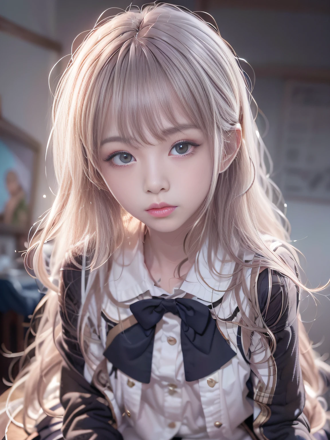 retinas, masutepiece, ccurate, Anatomically correct, Textured skin, Super Detail, high details, High quality, awardwinning, Best Quality, hight resolution, Close up of girl in 8k dress and shirt, loose coat collar sailor uniform, thin head,magical school student uniform, japanese girl school uniform, , Cute dress, katelynn mini cute style, dressed with long fluent clothes, School uniform, magic school uniform, black and white clothes, Stylish dress, school girl in gothic dress, Black Quick, Elegant clothes,((small tits,Thin leg,skinny thigh)),slim figure,extremely detailed eye and face、beatiful detailed eyes,Beautiful skins,finely detail、smooth hair，detailed hairs，Very fine hairs，Young shiny hair，(Knee-length skirt:1.7),((skirt rift:1.6)),1girl in,small tits,Thin leg,独奏,Wearing underwear,Smaller face,realistic facial expression,(Face to feel:1.6),Enchanted,Nasty look,(o-face:1.4),Functional,milky skin,Soft lips,Raw photo,Expression in love,Shyness,Longing for love,Sex appeal in girls,The smell of sex appeal,Color makeup，Lowered eyebrows、Whitening effect，Soft lighting，Backgrounds suitable for students，