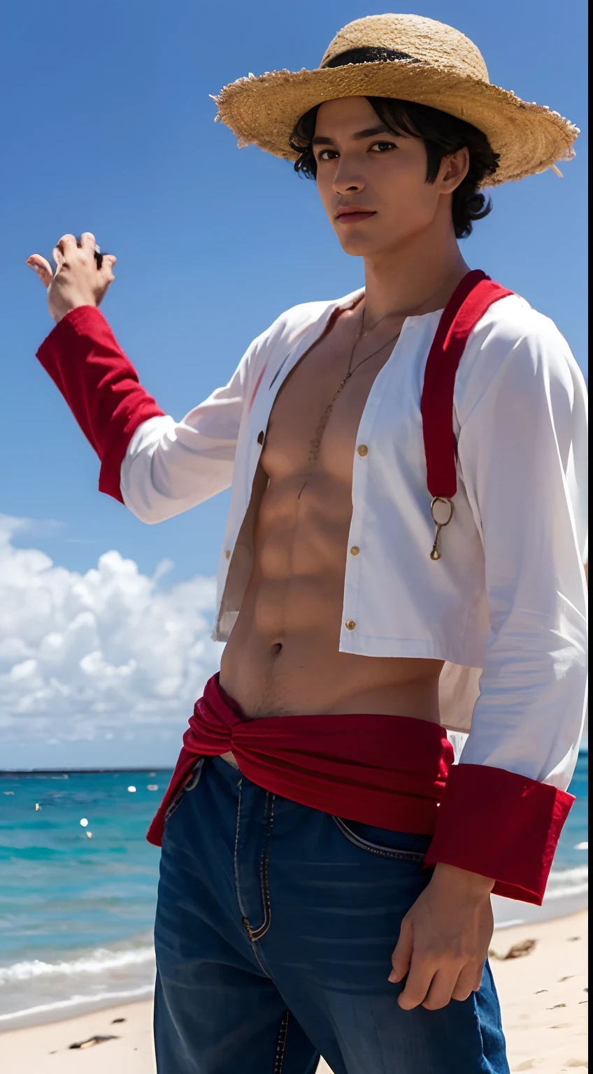 macho, corpo inteiro, can dynamic, cicatriz abaixo do olho, chest scar, ( estilo pirata pronto para luta ), Luffy tem cabelos pretos desgrenhados, round black eyes and a thin muscle build. He is renowned for his trademark straw hat, which was lent to him when he was young by the legendary pirate captain, "ruivo" Shanks,[35] que por sua vez o recebeu do Gol D. Roger. [43] Luffy usa um vermelho aberto, Long-sleeved cardigan with four buttons, com uma faixa amarela amarrada na cintura (lembrando um pouco a roupa do Gol D. Roger). Luffy also has a scar under his left eye), which he earned as a child by stabbing his face to show Shanks that he was tough enough to be a pirate. [44] Ele foi gravemente ferido por Akainu na Guerra do Cume de Marineford,[45] deixando uma grande cicatriz em seu peito. [46] (fundo praia palmeiras, dia ensolarado ), realista, detalhado, Child boy, jovem, cabelo preto liso curto, olhos pretos, olhar arrogante, olhos realistas, rosto detalhado, detailed hands, Suado, pernas detalhadas, dedos detalhados, cabelo detalhado, olhos detalhados, pele detalhada, dynamic lighting, (fotorrealista: 1.4), 8k UHD, (Hiper realista), (fotorrealista), (obra-prima), (melhor qualidade),  (( fundo praia )), corpo perfeito, chest scar, usando jaqueta vermelha, blue shorts and hat. sem pelos pubianos, raiva,