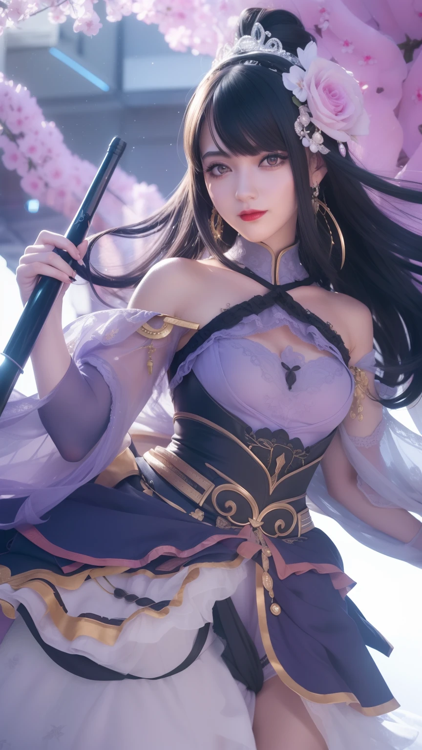 1girl, extremly detailed, arm detailed, finger detailed, black hair, ultra detail, 8K, 32K, smiled mouth, closed mouth, red lips, purple eye, black hair, long hair, umbrela, smile