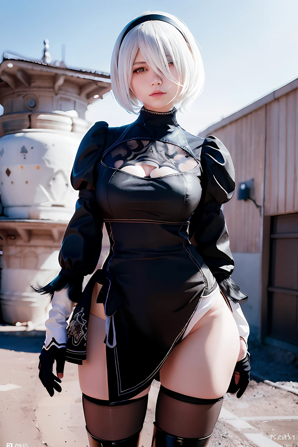 (8K, RAW photo, best quality, masterpiece:1.2), (realistic, photo-realistic:1.37), ultra-detailed, ultra high res, masterpiece, best quality, 1girl,cowboy shot, street, yorha2b,detailed background, 2bcosplay,2b,black dress,standing, from front,large breasts,tall girl,  eyeshade