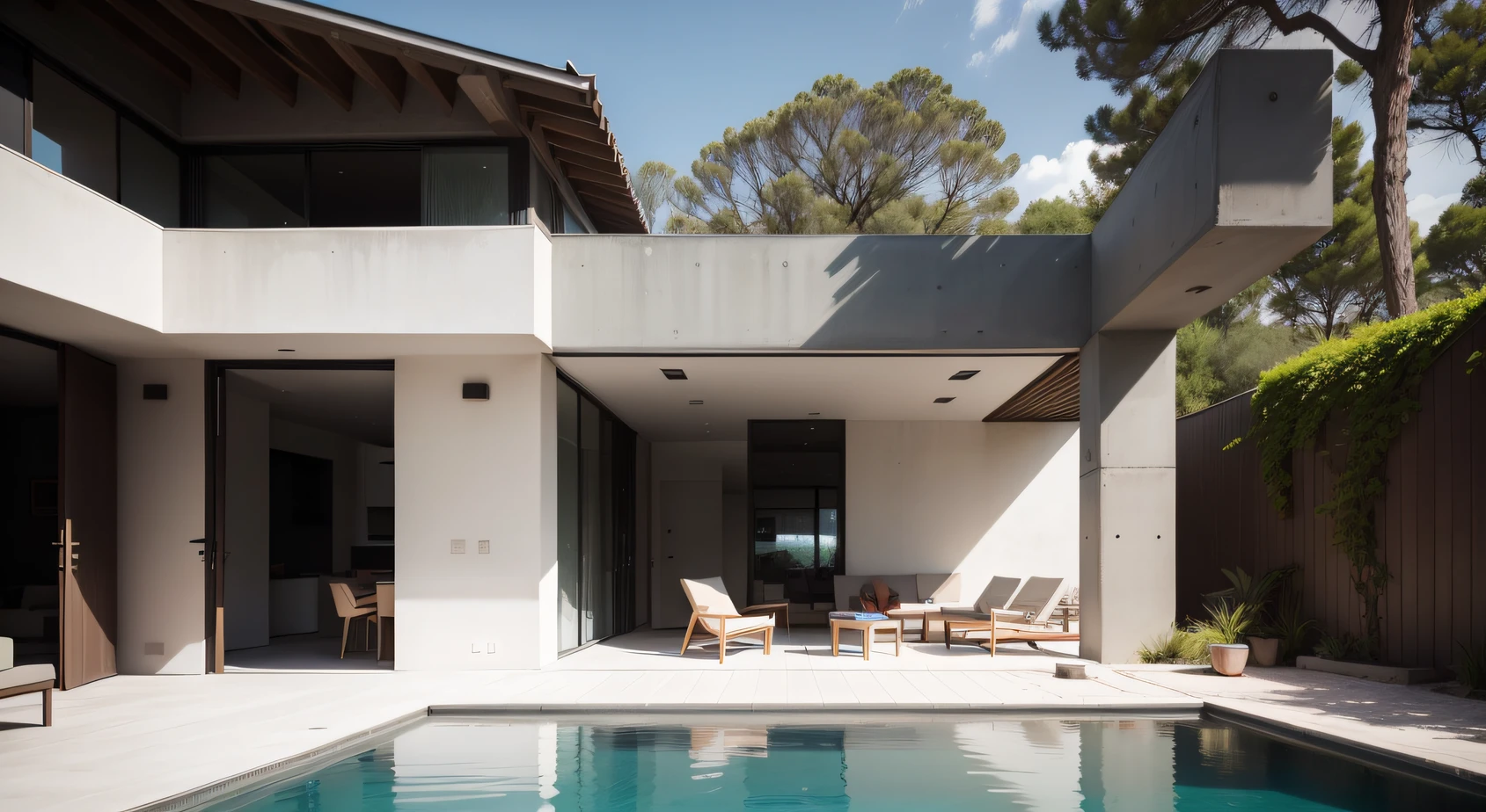 there is a pool in the backyard with a tree in the middle, concrete architecture, very vanish, there is no dirty on the build, all clean, and new, recently built, white walls, architectural shot, archdaily, brutal concrete architecture, inter dimensional villa, contemporary architecture, concrete housing, arborescent architecture, concrete, brutalist shiro, arhitectural shot, well-designed masterpiece, by Matteo Pérez, pablo olivera, open wall architecture, 8k post, 8 k post,high quality picture, superb detail 8k, by Jacob Pynas, everything is real, architectural shot, modern design, colorfull, everything is real and perfect