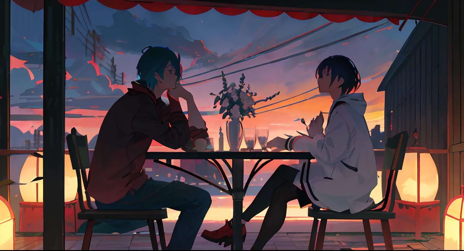 Anime scene of a couple sitting at a table holding candles, zerochan art, by Kamagurka, Guweiz e Makoto Shinkai, author：Uesaka Seka, moebius and makoto shinkai, anime scene, sakimichan and makoto shinkai, zerochan, conrad roset and makoto shinkai