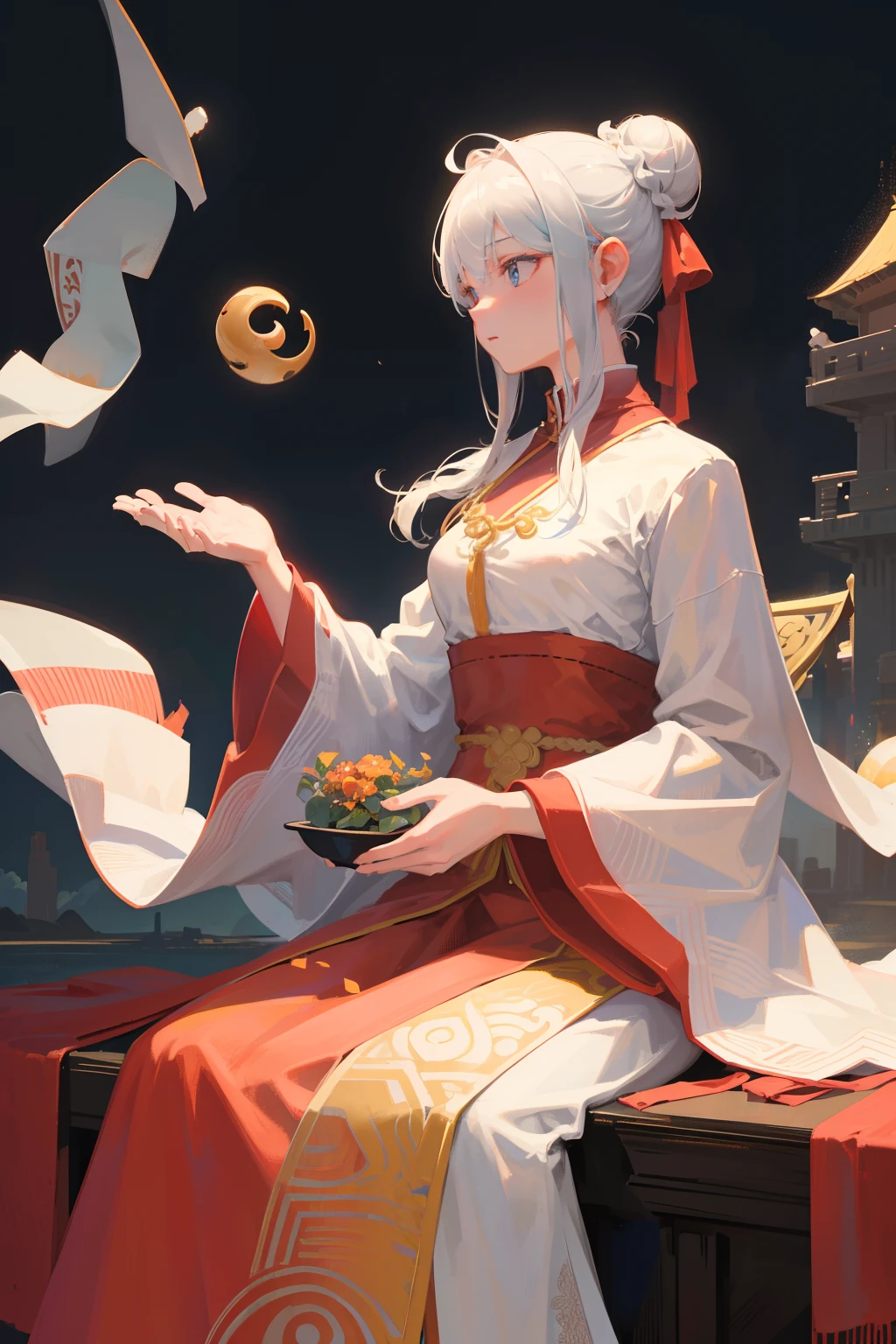 (RAW Photo, Best Quality), (Realistic, Photo Realistic: 1.3), Extremely Refined and Beautiful, Amazing, Fine Detail, Masterpiece, Ultra Detail, High Resolution, (Best Illustration), (Best Shadow), Intricate,
A beautiful female Taoist priest dressed in a white see-through robe and in a bun sits on the eaves of the Taoist temple, overlooking the monks meditating below. In the distance there are pavilions, towers and distant mountains, decorated with floating clouds, (dragon in the background: 1.3), sunset, storm,
Clear focus, volumetric fog, 8k UHD, DSLR, high quality, (film grain: 1.4), Fujifilm XT3,