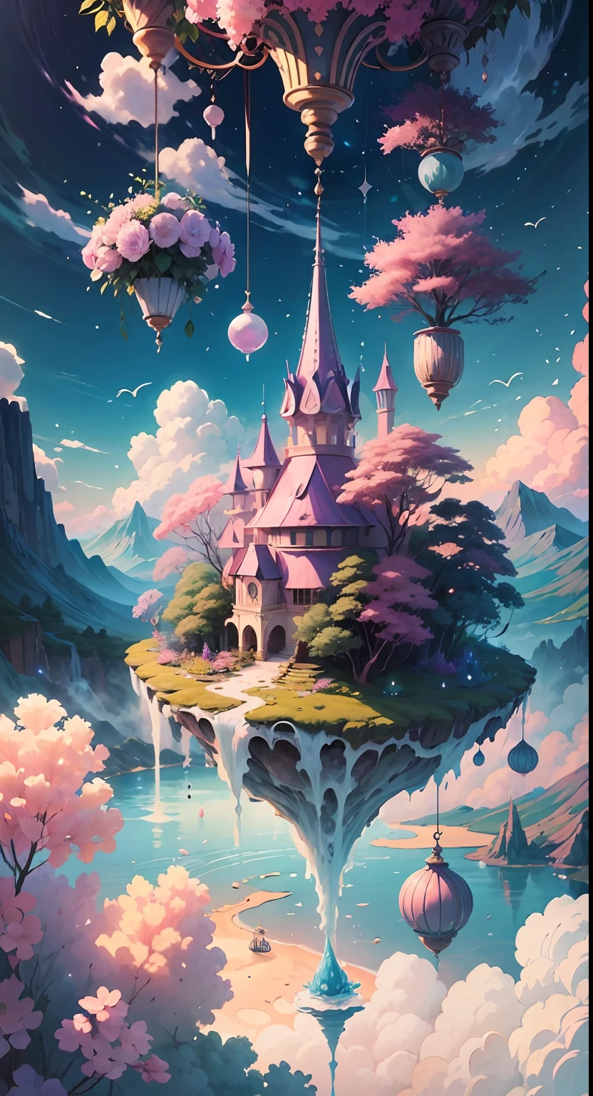 Create a mesmerizing scene with lush, detailed flowers in a mythic realm of dreams. Include floating islands and intricate watercolor skies. The environment is filled with fluffy clouds, waterfalls cascading from the floating islands, and a vibrant, surreal environment with beautiful shades of pink, purple, and blue. The atmosphere is filled with a sense of wonder and tranquility. ((Include many shades of pink in the artwork's details and background.)) This scene will be depicted in an anime-style illustration, with soft lines, pastel colors, and a whimsical touch. The artwork will capture the ethereal beauty and tranquility of the dreamlike realm, creating a sense of harmony and escape from the ordinary world.