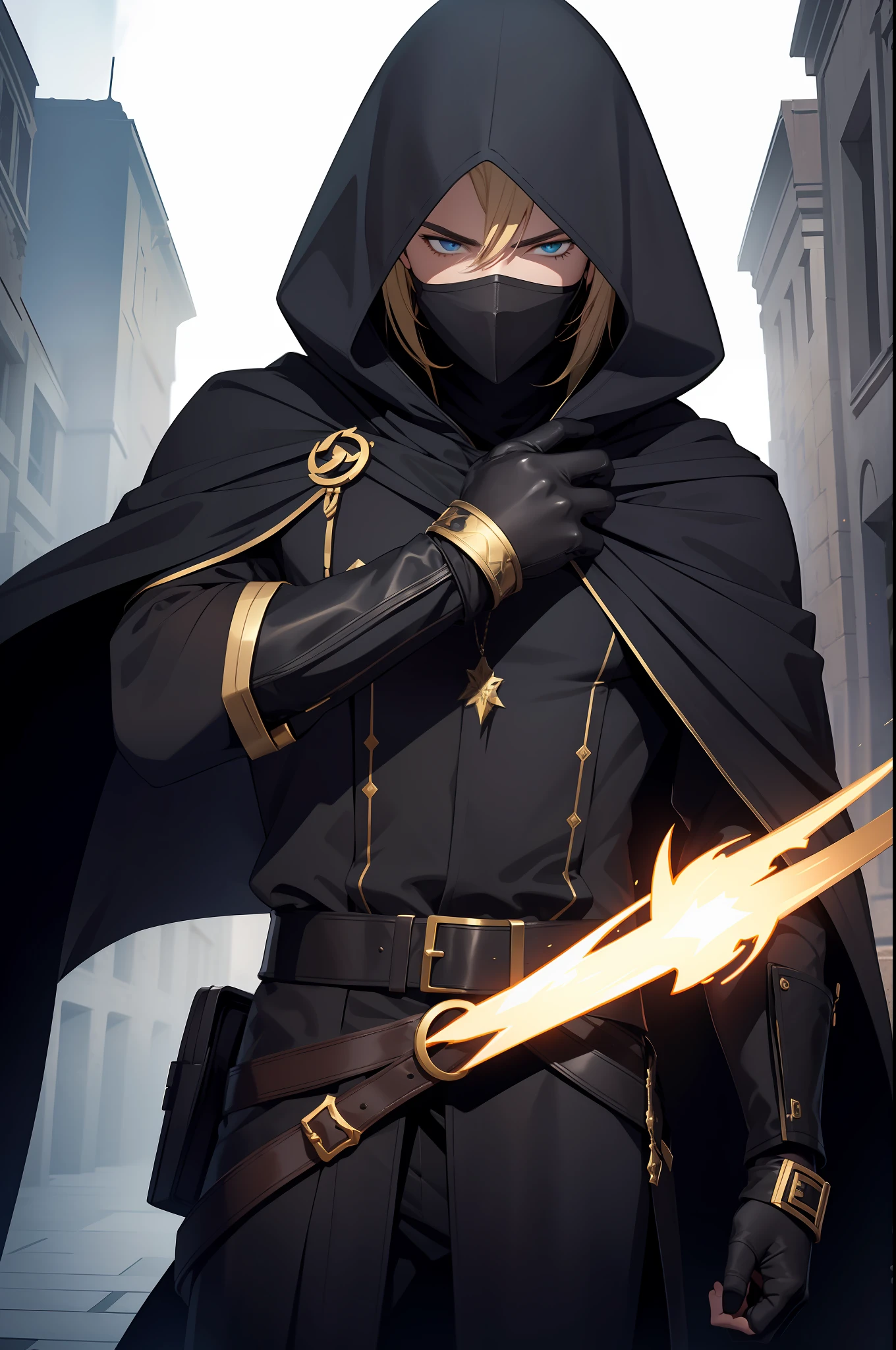 solo male, black robes, black pants, black gloves, black hood, golden mask, mage