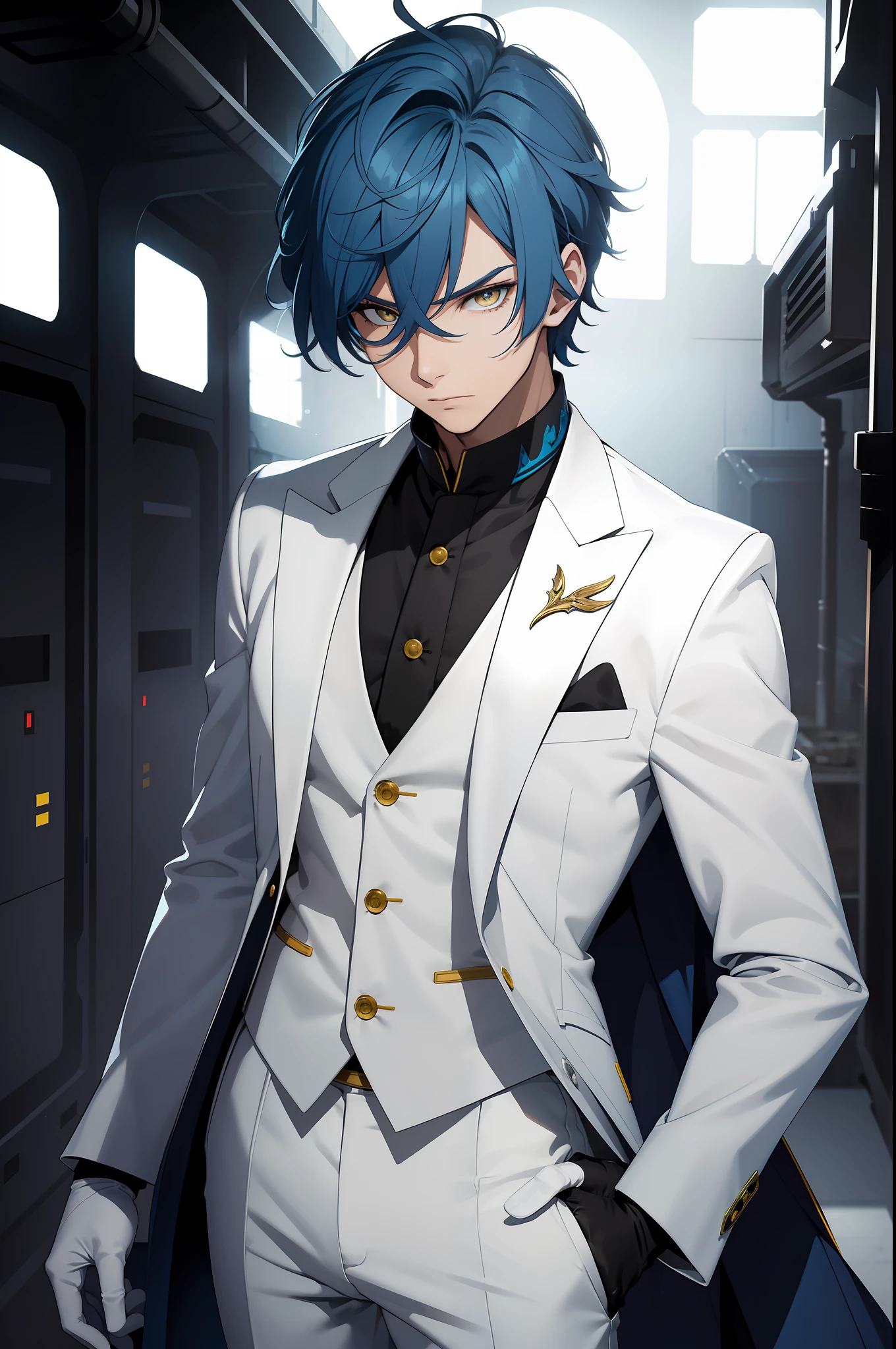 solo male, blue hair, yellow eyes, white suit, black vest, white gloves, black pants, white gloves