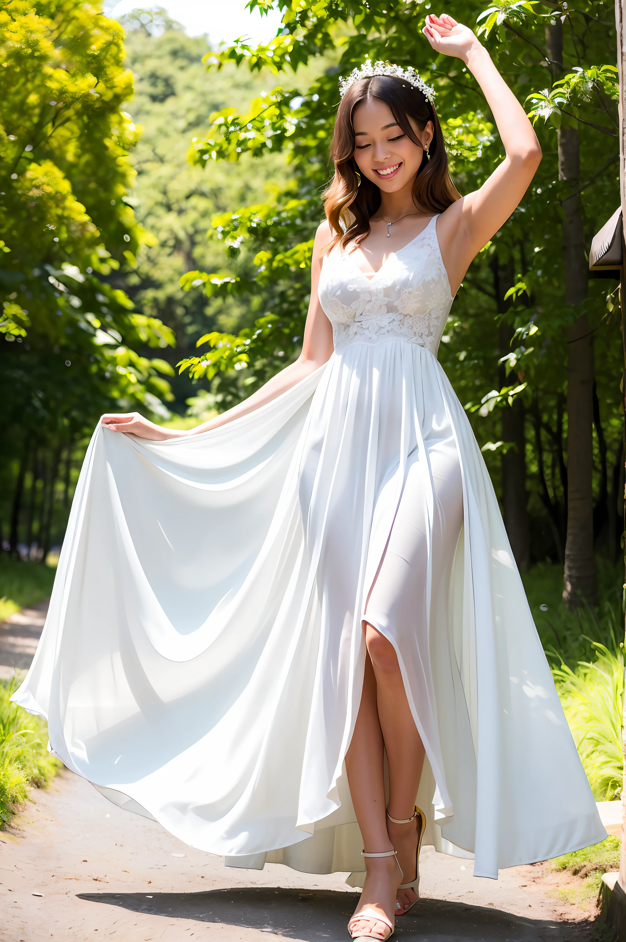 A graceful figure in a white dress wanders through the sun-dappled forest, taking in the sights and sounds of nature. With beautiful smile face