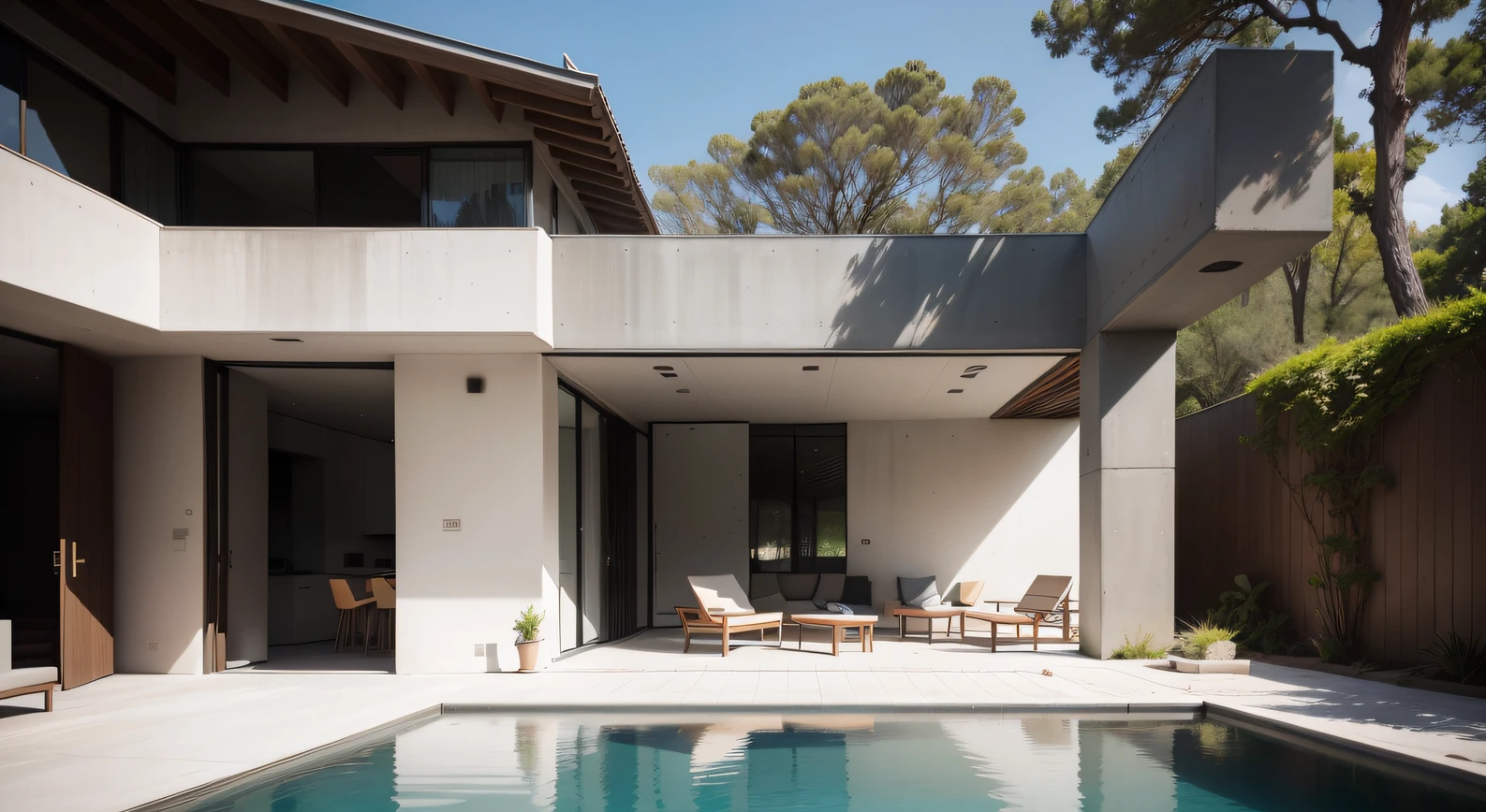 there is a pool in the backyard with a tree in the middle, concrete architecture, very vanish, there is no dirty on the build, all clean, and new, recently built, white walls, architectural shot, archdaily, brutal concrete architecture, inter dimensional villa, contemporary architecture, concrete housing, arborescent architecture, concrete, brutalist shiro, arhitectural shot, well-designed masterpiece, by Matteo Pérez, pablo olivera, open wall architecture, 8k post, 8 k post,high quality picture, superb detail 8k, by Jacob Pynas, everything is real, architectural shot, modern design, colorfull, everything is real and perfect