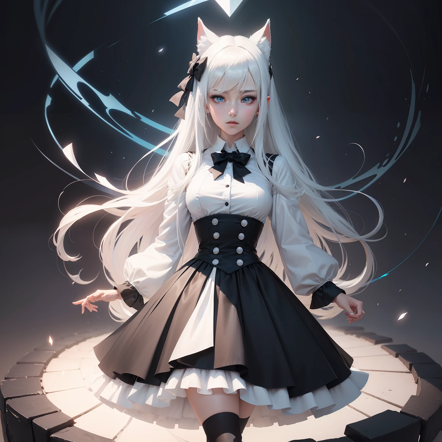 A character in the anime white-haired girl, Blue eyes and black and white dress,Anime full body model,Black ears,Full body illustration,Anime character design,Magical school student uniform,clear outfit design,magic school uniform,Sexy full body dress,Lovely character