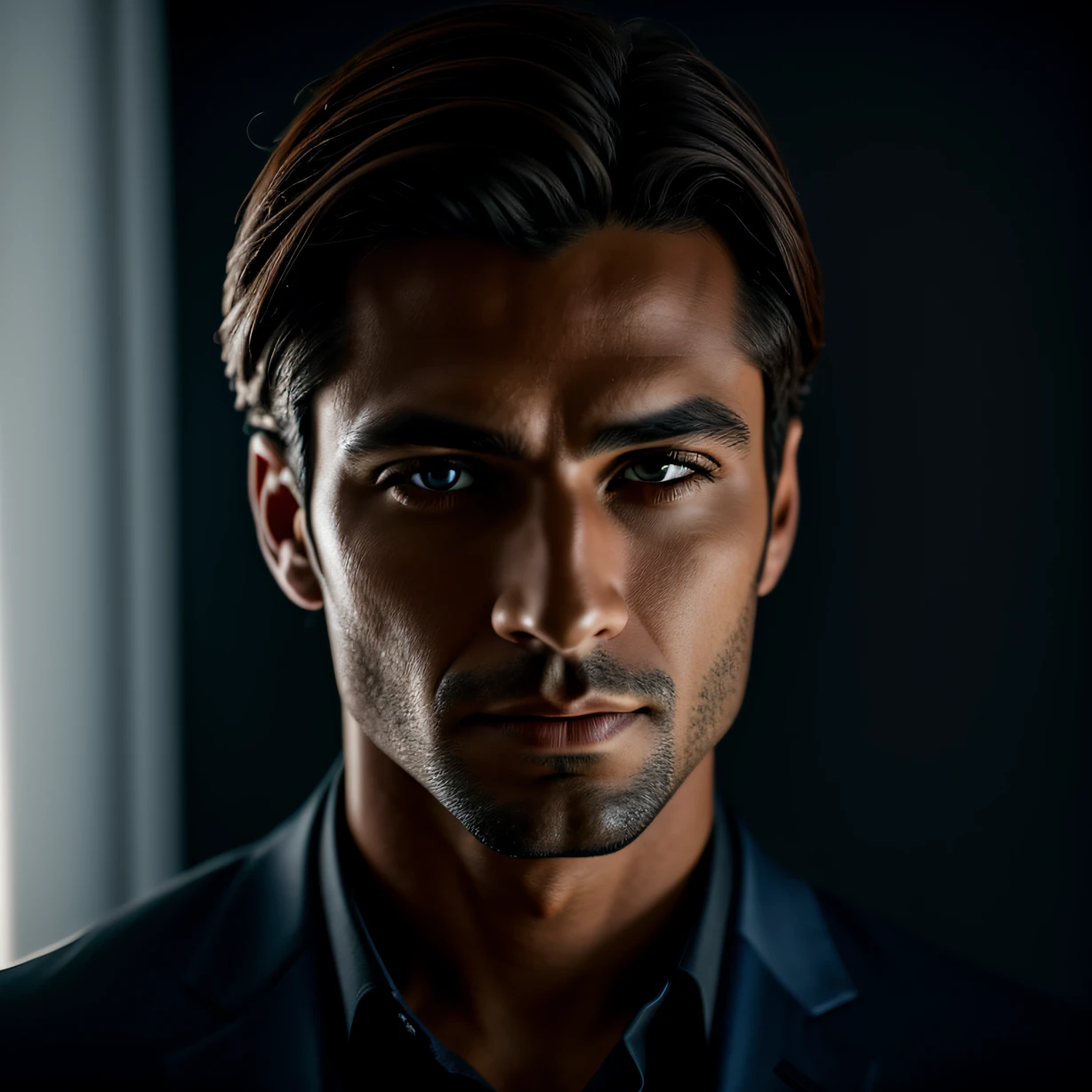 homem de terno, Wearing Black Business Suit, modelo bem arrumado, mostrando o rosto, foto de perfil profissional, Business Clothes, office clothes, high-res, obra-prima, melhor qualidade, detalhes intrincados, altamente detalhado, foco nítido, textura, olhos detalhados, profissional, 4k, tiro em Canon, 85mm, profundidade de campo rasa, Kodak Color Vision, corpo de ajuste perfeito, extremamente detalhado, photo_\(ultra\), foto realista, Post-processing, maximum detail, rugosidade, vida real, ultra realista, fotorrealismo, fotografia, 8k uhd, fotografia (grain of film) medium shot for closeup shot atmospheric dark lighting.