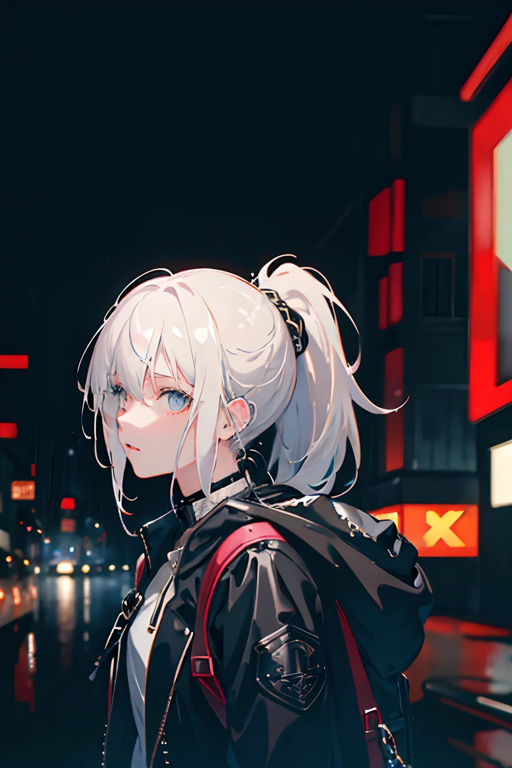 1girl, jacket, rain, outdoor, hoodie, open jacket, chain, backpack, looking at another, ponytail hair, white hair, trending on artstation, 8k resolution, highly detailed, anatomically correct, sharp image, digital painting, concept art, trending on pixiv, style of makoto shinkai,