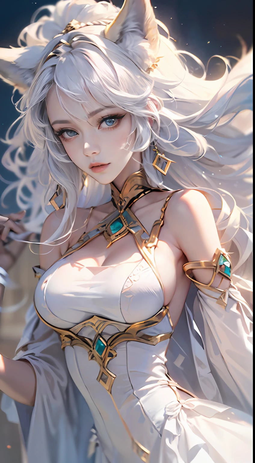 16 years old beautiful and cute crystal girl, Detailed Evil Eye, (incredibily detailed, long white hair,9 fox tails,Cinematic ultra-wide angle, Depth of failure, ultra - detailed, insanely details, Ultra photo realsisim, high resolution, Cinematic lighting, Soft lighting, Incredible quality, Realistic skin,Solo,Beautiful face,Large breasts,((Sheer dress)),low legs,(off the shoulder dress),(One shoulder strap comes off),wavy and long hair, Cowboy shot, Smooth shoulders,Slim waist,dynamic shot,Hair and landscape,The eye,yuyao,(Julia,Fox,(Fox ears:1))