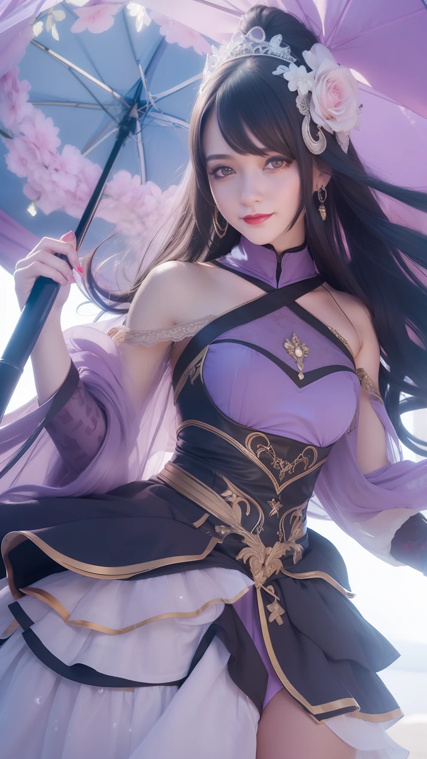 1girl, extremly detailed, arm detailed, finger detailed, black hair, ultra detail, 8K, 32K, smiled mouth, closed mouth, red lips, purple eye, black hair, long hair, umbrela, smile, Umberella