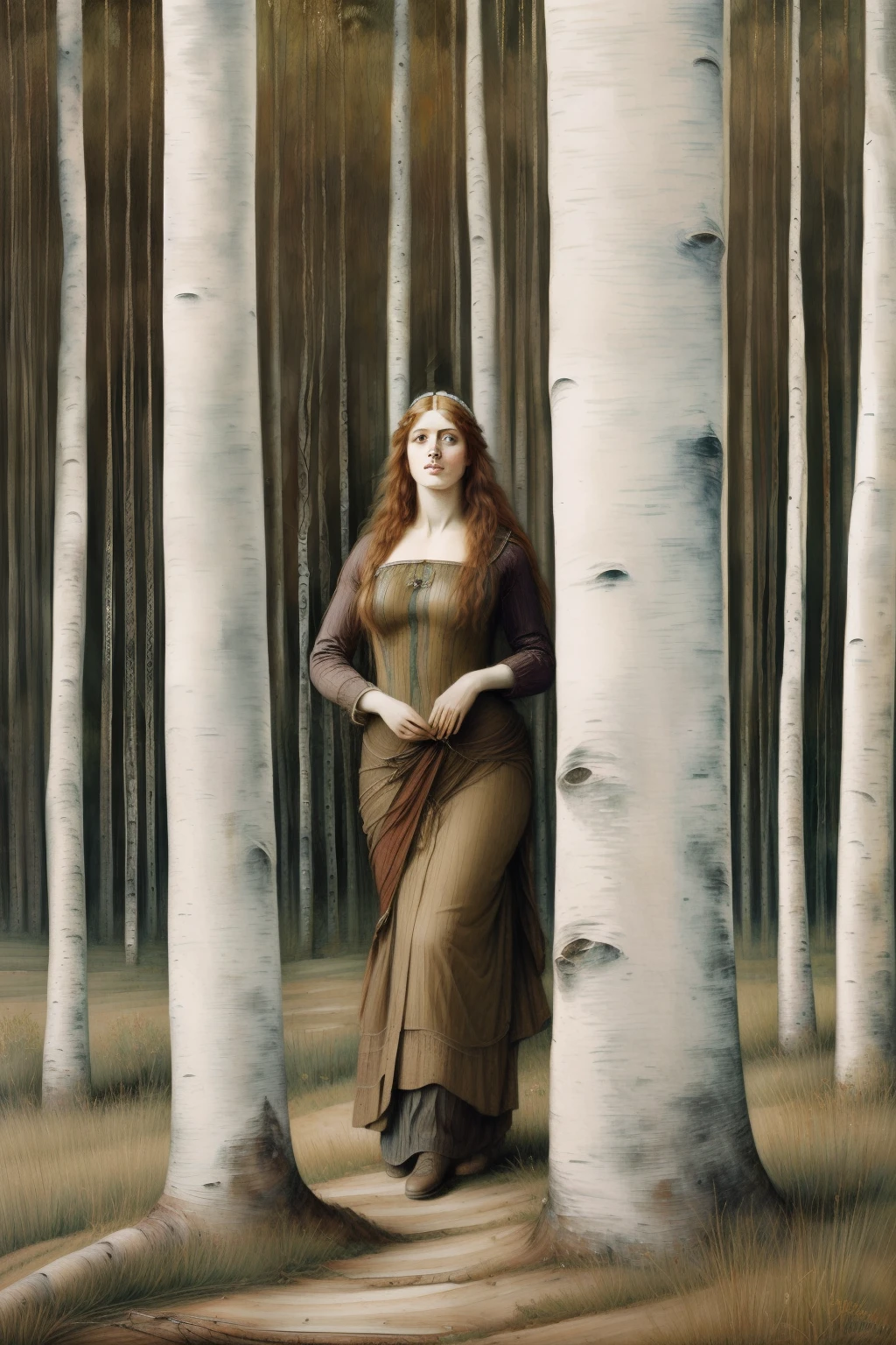 (((Pre-Raphaelite woman painting made of birch trunk, tree-woman, cabelo de folhas, bosquedos Vidoeiros, tonalidade outonal. folhas amarelas, eye on birch trunk)))