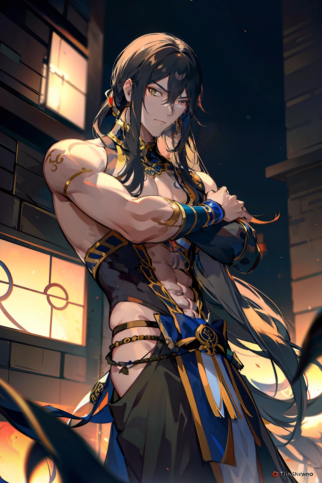 Yan Qing. Hombre musculoso, tez blanca, cabello blanco, tatuajes chinos, sin camisa, buena calidad, pose imponente, dominante, pectorales. Fate. Assasins Shinjuku, muchos tatuajes rojos en todo el torso.