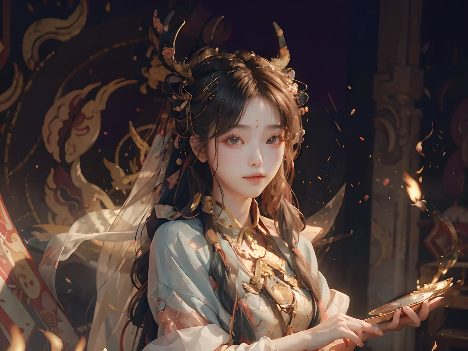(RAW photos,best qualtiy),(realisticlying,Photorealistic and realistic:1.3),best qualtiy,highly detailed,tmasterpiece,ultra - detailed,illustratio,1girll,upper_body,dynamic angle,World Mastery Theatre,messy_long_hair,best qualtiy,extremely detailed CG unity 8k wal,ink,astounding,Raised sexy,Peach blossom eyes,whaite hair,ssmile,电影灯光,lens_flare,dunhuang_style,deer antlers
