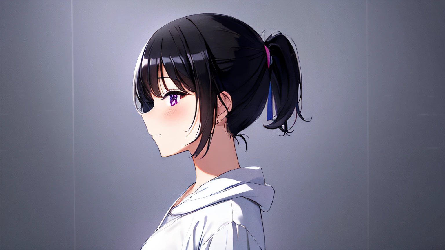 masterpiece, high quality, 8k, beautiful lighting, doga kobo, anime scene, profile, 1girl, hashimoto_mai, black hair, very short ponytail hair, small to medium breast, purple eyes, white soft clothes with pink lines, looking at viewer, eye contact, innocent face, outlet