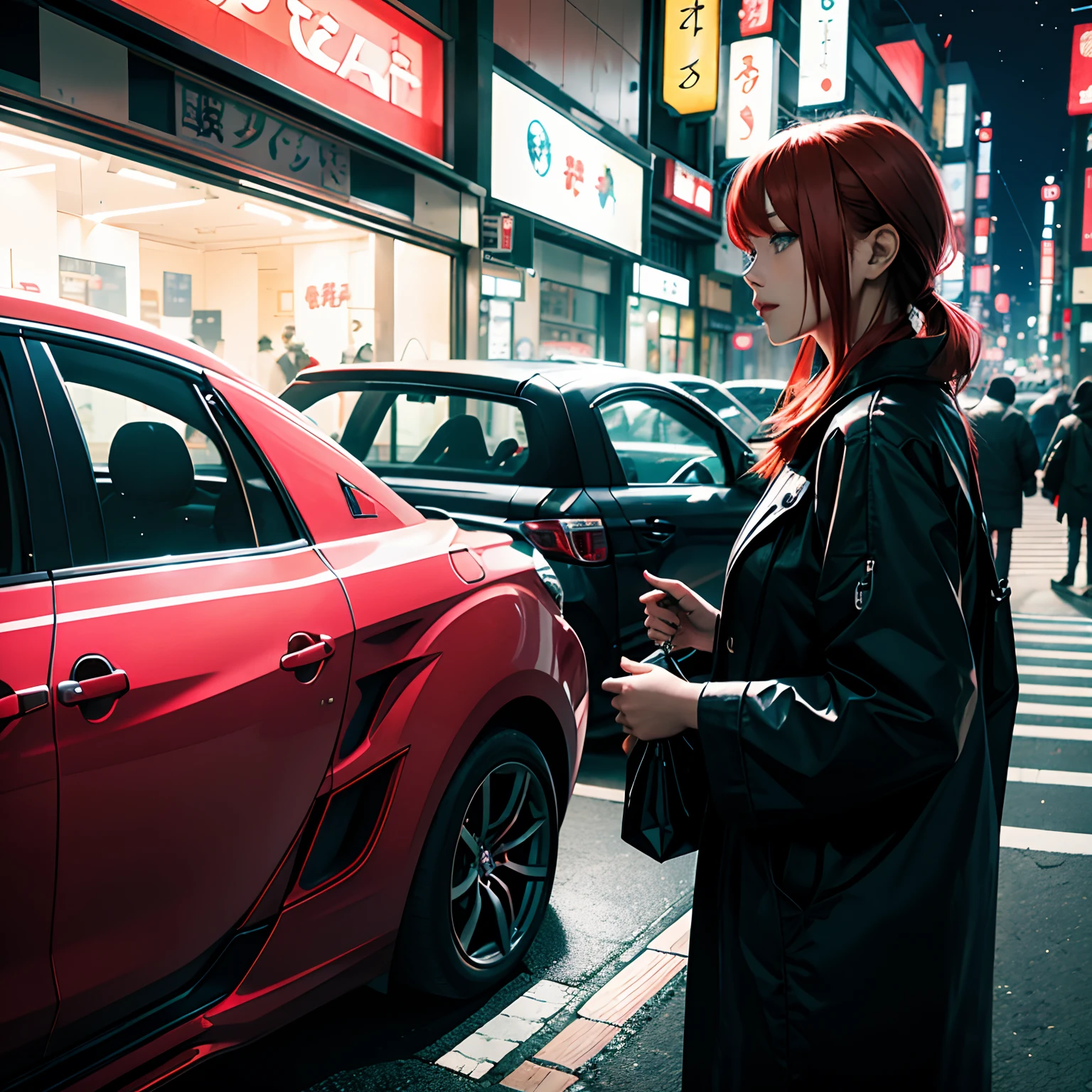 Girl with red hair blue eyes holding a shopping bag in Japanese city at night with a car in the background black pink