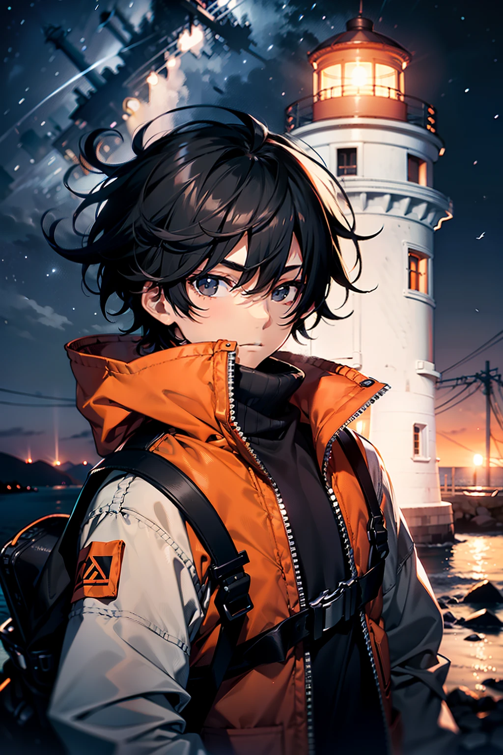 young boy, black hair, gray bonnet, wearing one orange life jacket, gray sweater underneath, He is on a remote island , lighthouse, as the cold night air surrounds him, night, dark sky, no light