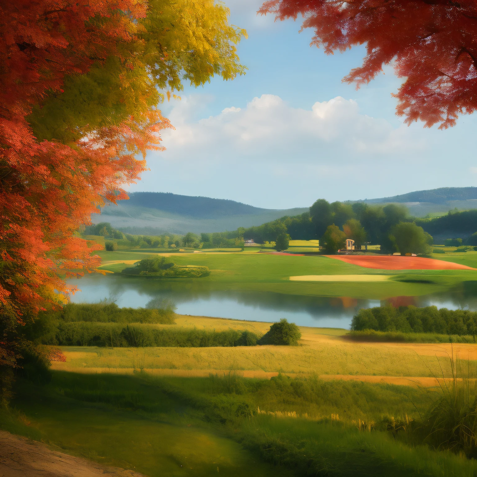 Country landscape, eau, wallpaper, la plus belle oeuvre, 8k, photo-realistic, couleurs chaudes, Very detailed