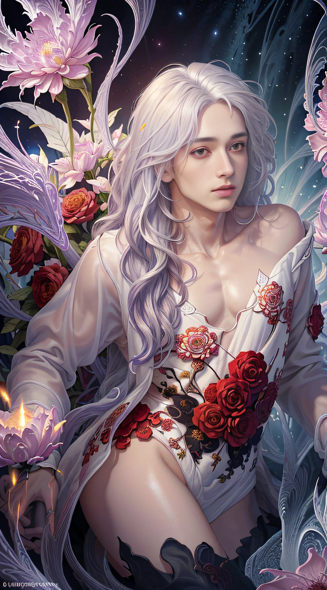 Realistic, (Masterpiece, Top Quality, Best Quality, Official Art, Beauty and Aesthetics: 1.2), Very Detailed, Fractal Art, Colorful, Most Detailed, Zentangle, (Abstract Background: 1.5) (1boy: 1.3), Gods, White Hair, (Glowing Red Eyes), Mysterious, (Magic), Ice, ((Flowers on the Other Side)), Yellow Spring, Hell