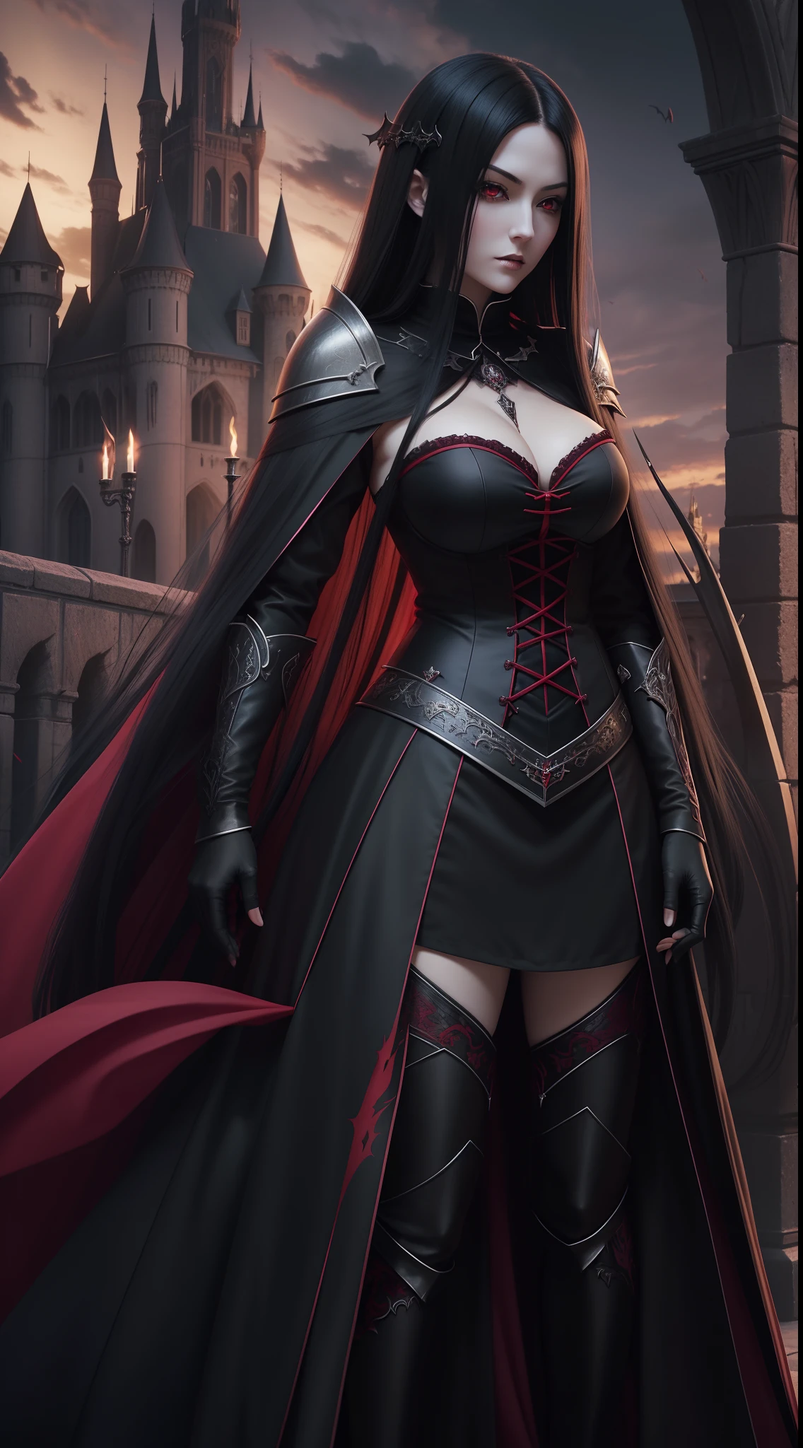 Beautiful ephemeral adult woman with long black hair and red eyes standing in front of castle, Bewitching white armor, Standard Body, Gothic Otome Anime Woman, beautiful vampire queen, dark fantasy style art, beautiful vampire female queen, 8 K, Vampire Queen, female vampire, female vampire warrior, beautiful alluring anime woman, dark fantasy style, anime fantasy artwork