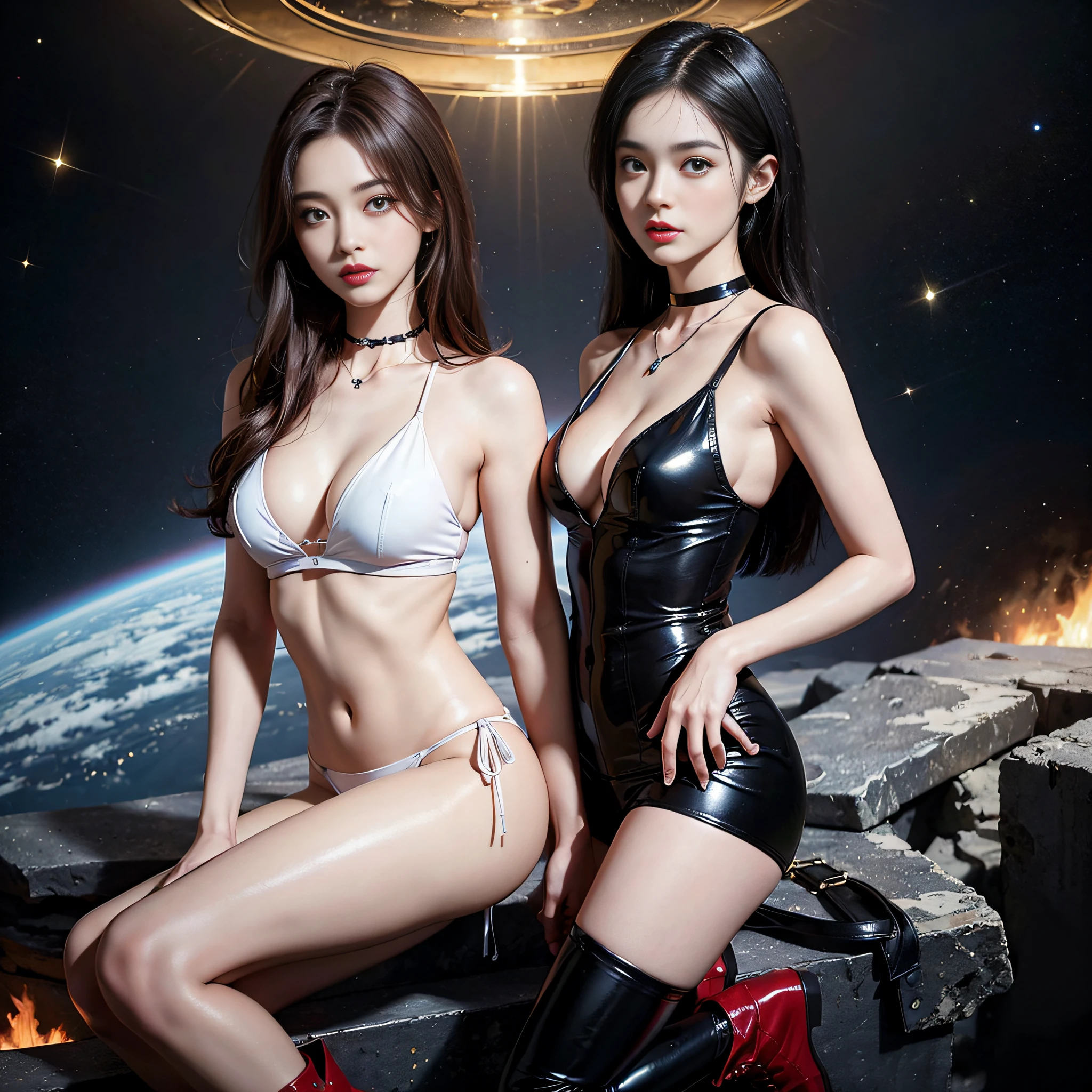 ((masterpiece:1.4)、(top-quality:1.4)、(reallistic:1.7))、Dirty pair、Space Investigator Yuri and Kay Girl Duo、Beauty Investigator Duo、Sexy Daughter、2girls、latex shiny、Latex bodysuit、By Luis Royo、age19、Super Ultra Ultra Bikini、Outstanding style、Slender Abs、beauty legs、Beautiful ass、A detailed eye、beautidful eyes、Raw photo、red-lips、Red boots、a choker、a necklace、耳Nipple Ring、Future Space City