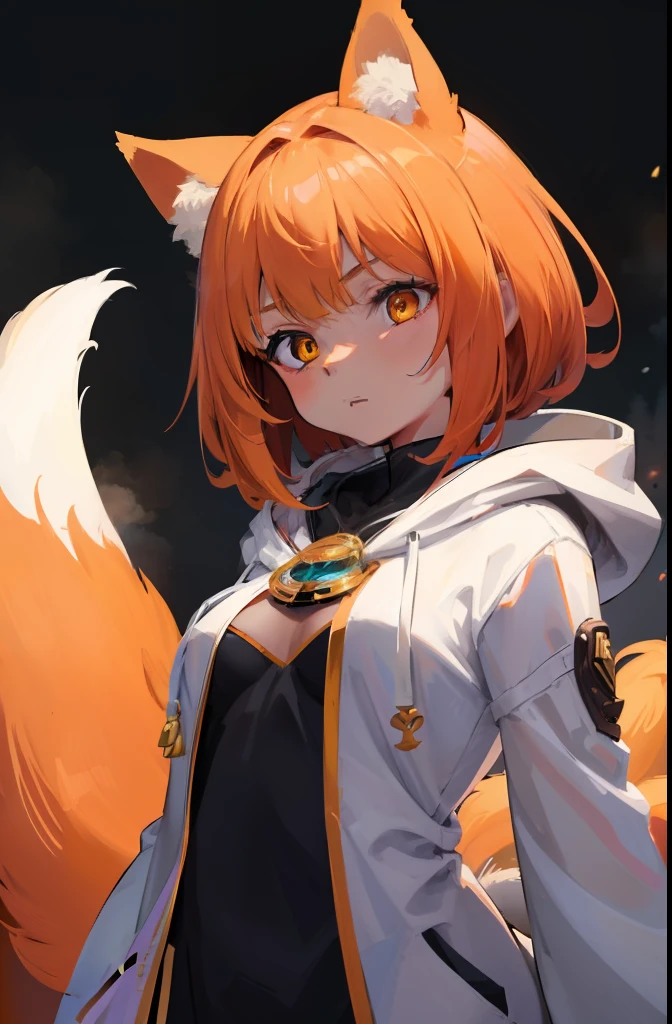 Volumetric Lighting, Best Shadows, Portrait Of Stunningly Beautiful Girl, Petite, Delicate Beautiful Attractive Face With Alluring Yellow Eyes, Small chest, small breasts, Short orange hair, Slim Waist, Standing, (Highest Quality, Amazing Details:1.25), (Solo:1.3), Brilliant Colorful Paintings, anime character with a fox tail, a beautiful fox lady, a beautiful kitsune woman, portrait, cowprint, white hoodie, cowprint hoodie