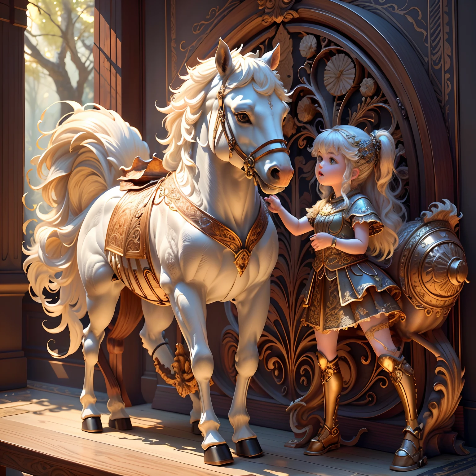 “A magnificent horse accompanied by an adorable  horse and its mother figure, all perfectly rendered with (((impeccable anatomical precision))) . The sublime rendering is enhanced by the brilliance of the lighting that adds a glow flooding the scene with enchanting ambience ,[the sculpture] in (((relief carved wood ))) with intricate details and the masterful execution of the texture of the grain of the wood, is a captivating painting, our imagination is transported to ((( a mystical forest))) where the imposing trees rise majestically towards the skies, within this enchanted forest in the midst of natural wonders, we are captivated the view, each element of this sculpture in relief carved in wood. It has been meticulously carved with the utmost precision. The intricate craftsmanship is presented in a brilliant style that captivates, amazes the viewer's gaze and arouses deep emotions. This creation is so remarkable that it has garnered significant attention and has become a trend on the world's most prominent search engine. Google"