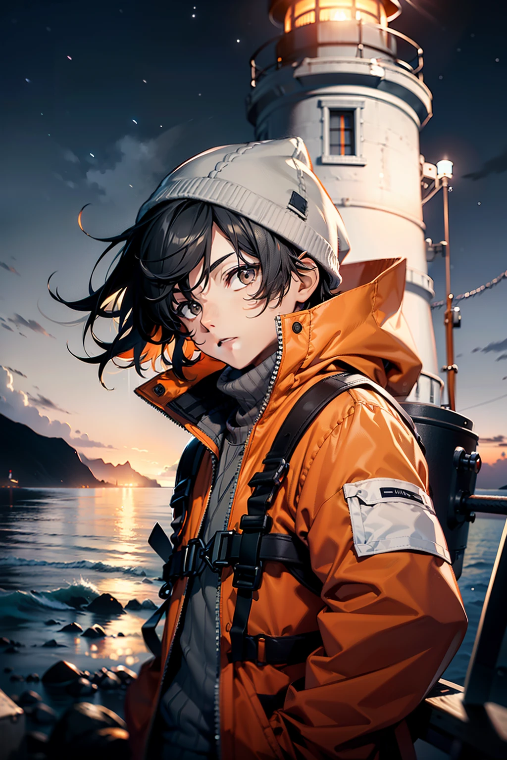 young boy, black hair, gray bonnet, wearing one orange life jacket, gray sweater underneath, He is on a remote island , lighthouse, as the cold night air surrounds him, night, dark sky, no light