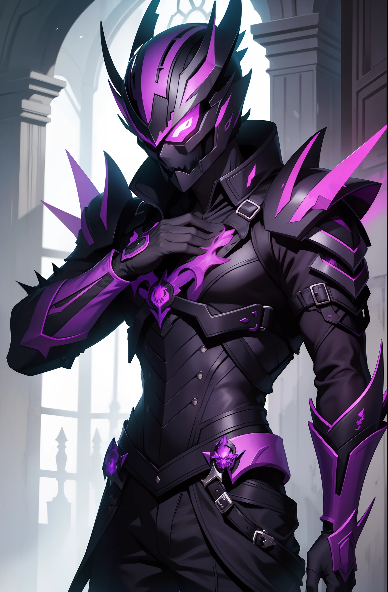 solo male, black armor, purple flames, spikes, skull helmet, fantasy, slim