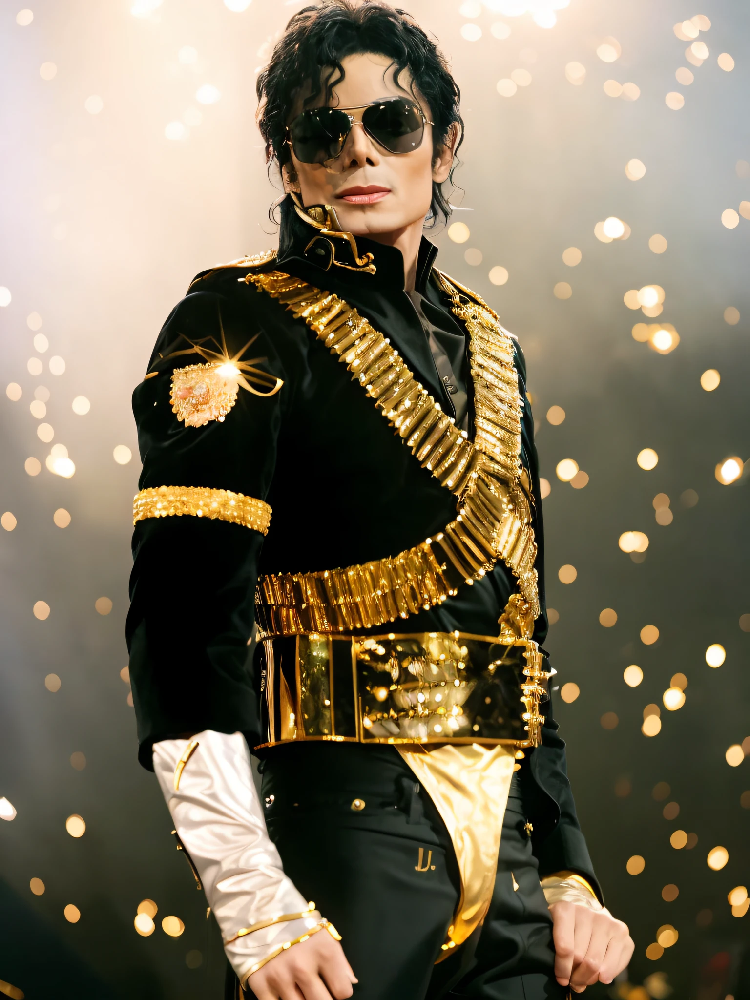 araffe michael jackson in a black and gold outfit, michael_jackson, michael jackson, michael jackson portrait, portrait of michael jackson, moonwalker photo, he is a rockstar, this is it, this is it style, liquid gold, in a gold suit, with shoulder pads, in dark robes with gold accents, thriller, extraodinary masterpiece!!!!!!