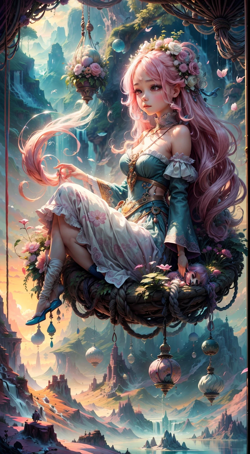 Create a mesmerizing scene where a woman is rests from a rope of ornate, lush, detailed flowers, delicately suspended with ornate ropes of extremely detailed flowers. The woman is in a mythic realm of dreams. Include floating islands and intricate watercolor skies. The woman's face exudes a sense of peace and happiness as she hangs weightlessly in the air. She is dwarfed by her interesting environment. The environment is filled with fluffy clouds, waterfalls cascading from the floating islands, and a vibrant, surreal environment with beautiful shades of pink, purple, and blue. The atmosphere is filled with a sense of wonder and tranquility. ((Include many shades of pink in the artwork's details and background.)) This scene will be depicted in an anime-style illustration, with soft lines, pastel colors, and a whimsical touch. The artwork will capture the ethereal beauty and tranquility of the dreamlike realm, creating a sense of harmony and escape from the ordinary world.