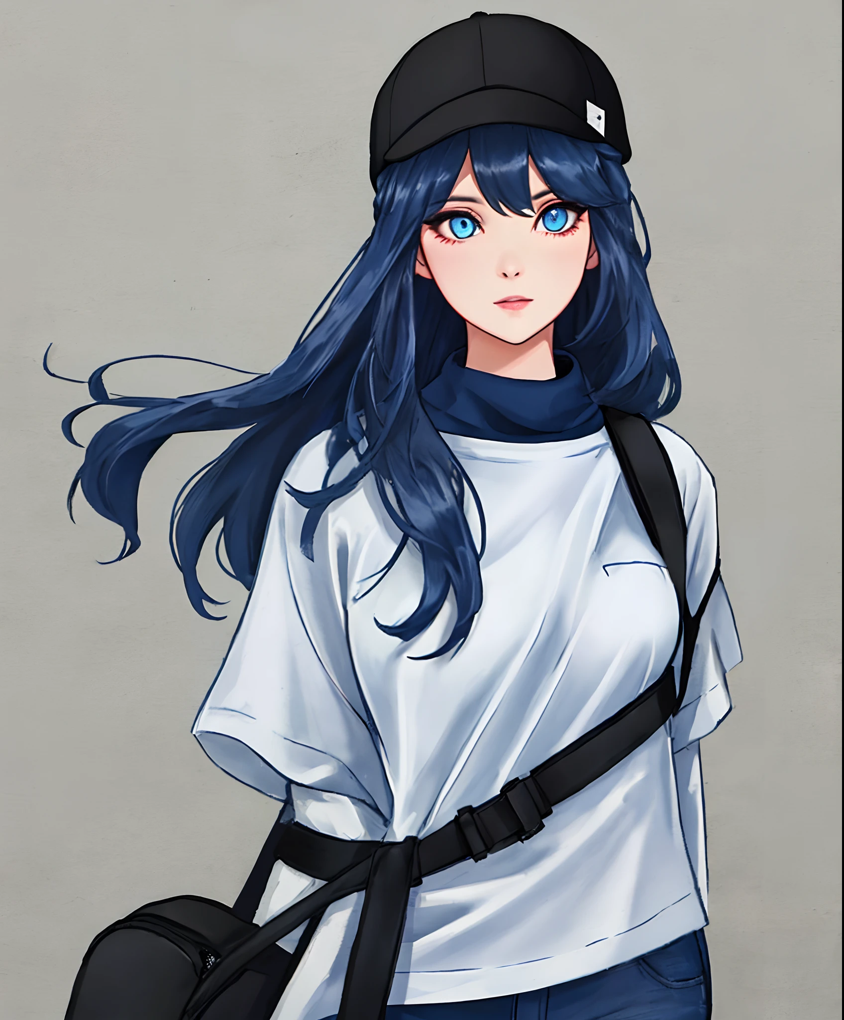 girl,long_hair,darkblue_hair,front,black_hat,blue_eye,casual_clothes,Upper_body,Human