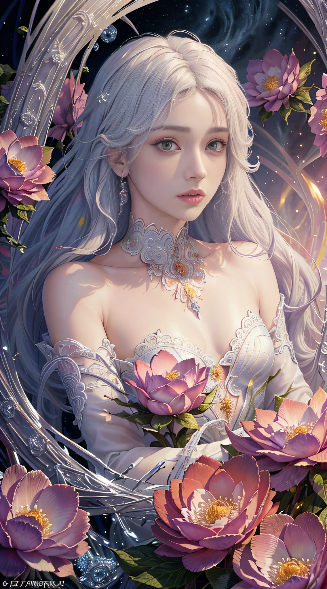 Realistic, (Masterpiece, Top Quality, Best Quality, Official Art, Beauty and Aesthetics: 1.2), Very Detailed, Fractal Art, Colorful, Most Detailed, Zentangle, (Abstract Background: 1.5) (1boy: 1.3), Gods, White Hair, (Glowing Red Eyes), Mysterious, (Magic), Ice, ((Flowers on the Other Side)), Yellow Spring, Hell