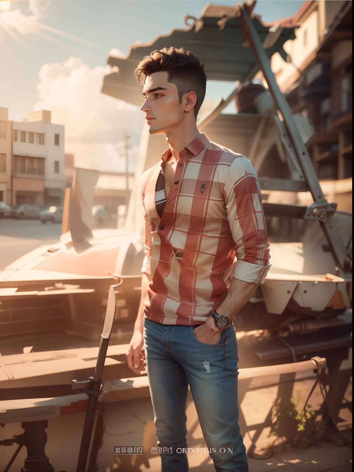 Realistic handsome boy stylish wearing shirt and jeans sun rays realistic ultra