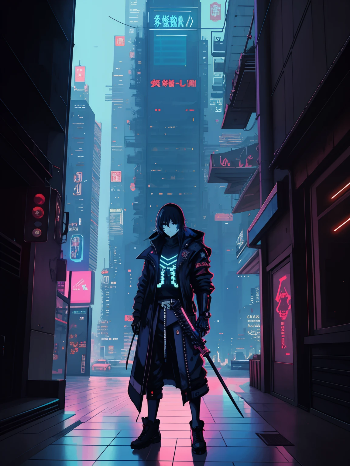 cyber soldier with two katanas in both hands in a futuristic city(Skeleton), (skeleton), (ciborg samurai), long hair, cyberpunk art style, cyberpunk pixel art, cyberpunk art style, cyberpunk ninja, cyberpunk anime art, cyberpunk digital anime art, highly detailed cyberpunk, digital cyberpunk - anime art, detailed cyberpunk illustration, cyberpunk shading, cyberpunk themed art, cyberspace cowboy, Cyberpunk anime art, Cyberpunk art, vibrant colors of cyberpunk, (anatomically correct)