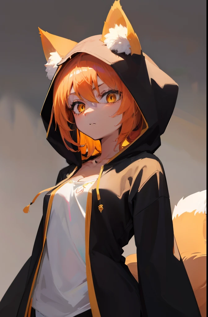 Volumetric Lighting, Best Shadows, Portrait Of Stunningly Beautiful Girl, Petite, Delicate Beautiful Attractive Face With Alluring Yellow Eyes, Small chest, small breasts, Short orange hair, Slim Waist, Standing, (Highest Quality, Amazing Details:1.25), (Solo:1.3), Brilliant Colorful Paintings, anime character with a fox tail, kitsune, a beautiful fox lady, a beautiful kitsune woman, portrait, cowprint, hoodie, cowprint hoodie