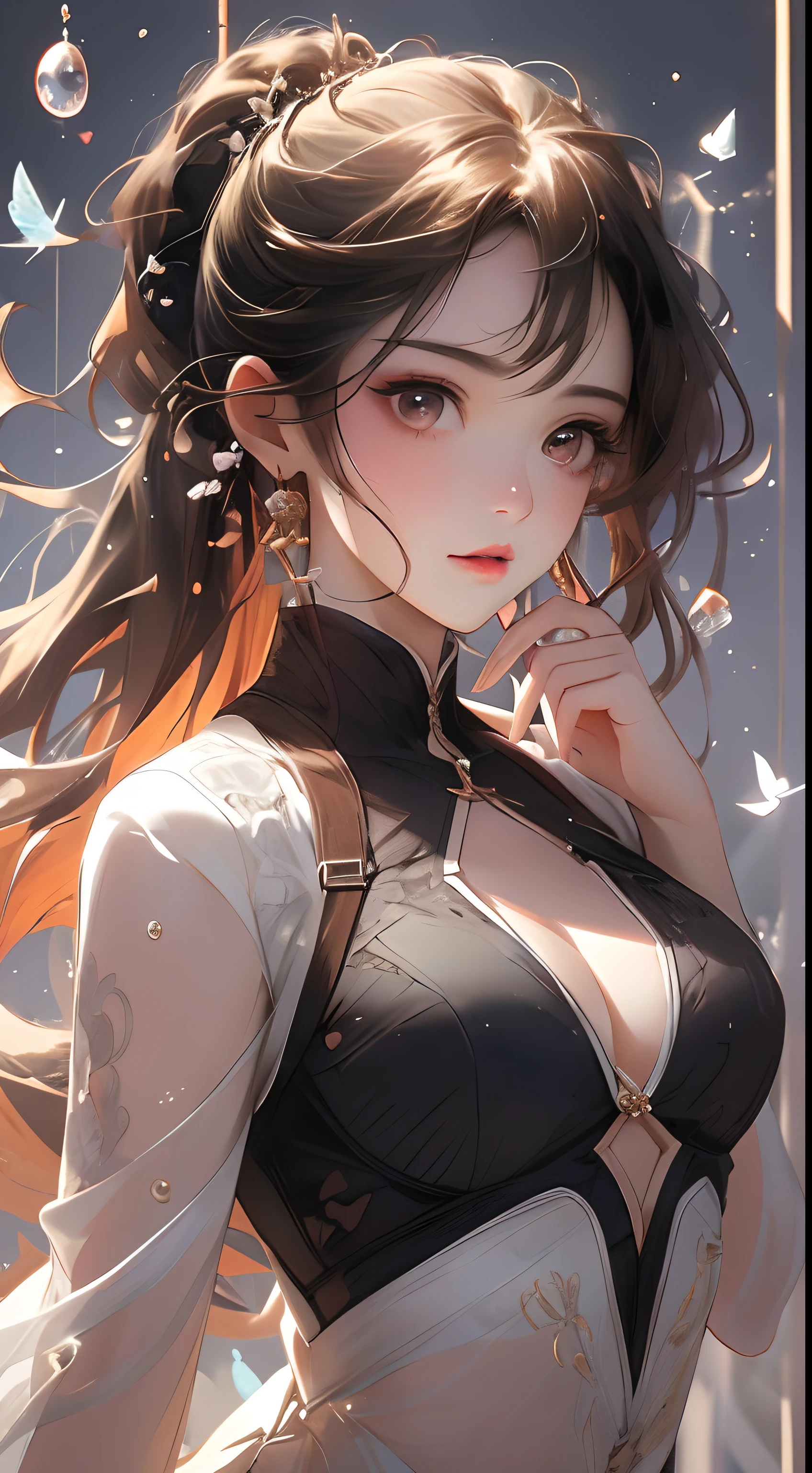 body shot, (Masterpiece), (Best Quality), (The ultra-detailliert),(ldisheveled hair),(Illustration), (1Girl), (Fashionable clothing), Standing, Fashion model, looking up at viewer, (interview), (Simple background),Beautiful detailed eyes, Delicate beautiful face, Floating,(high saturation),(Colorful splash),Colorful bubbles,(glittering), body shot, pony-tail, Ayaka Kamisato, Orange hair, bangss, hair rings, Floating flowers, floating hair, (glittering), Best lighting, best shadows, Frontal shots