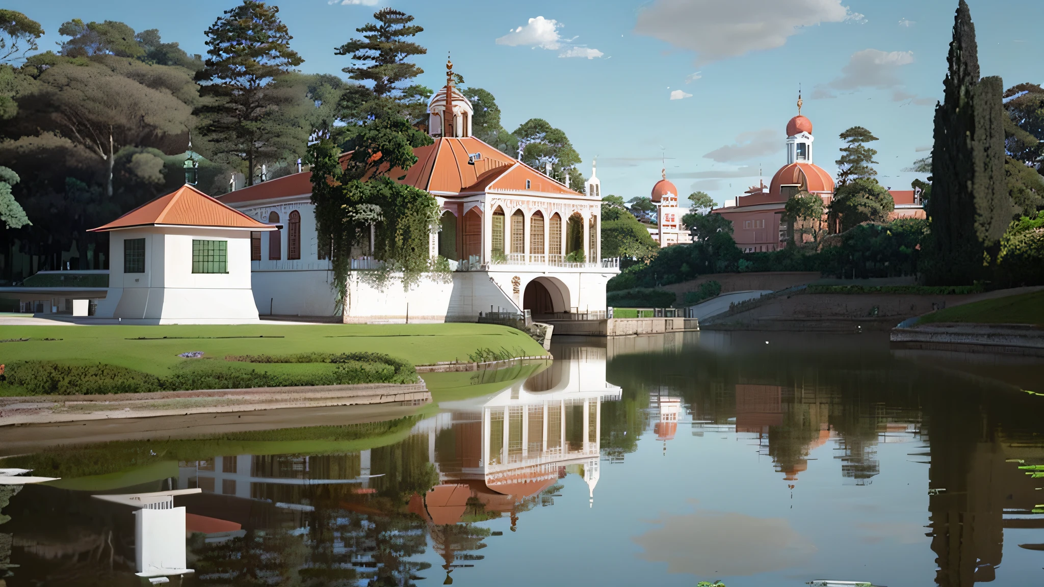 There is a large building with a red roof and a lake, royal palace near the lake, academia, imagem central, vista do lago, college, Beautiful image, vista para o lago, historical setting, adreas rocha, estudante, Escola Florentina, botanic garden, Camilo GC, UNIVERSIDADE, Lagoa, museu, Lakeside, Riverside, Oscar Niemeyer